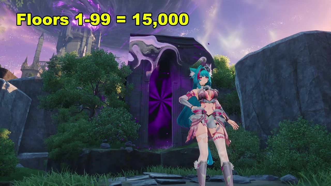 An anime-style character stands in front of a purple portal in a fantasy outdoor setting, with large text at the top reading Floors 1-99 = 15,000.