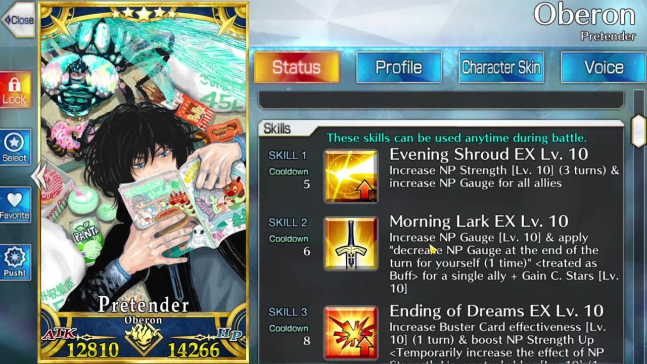 The servant status page for Oberon is open, showing his portrait on the left and his skills on the right.