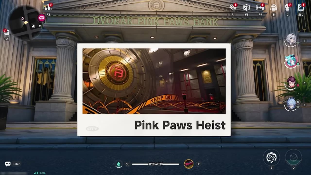 A game screen shows a large Pink Paws Heist title card in front of a bank entrance with the mode artwork displayed in the center.