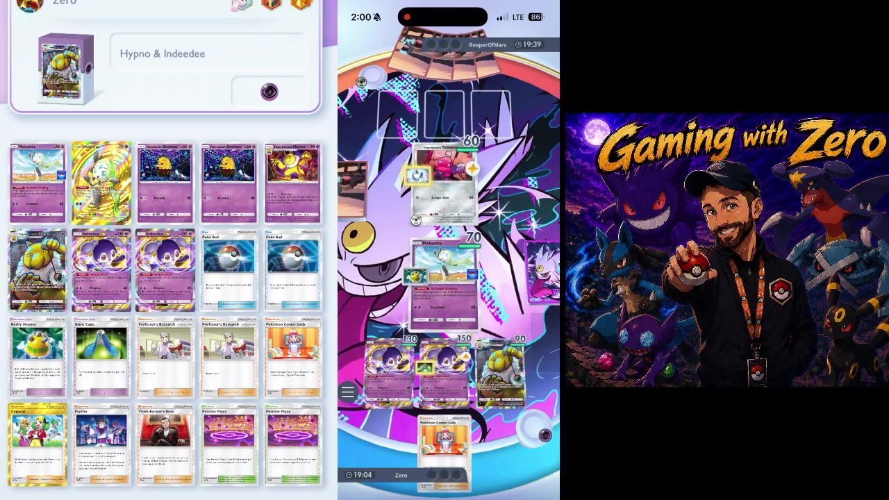 A Pokémon TCG match screen shows a Pokemon Center Lady card near the bottom of the board, with other cards and a deck list visible on the left.