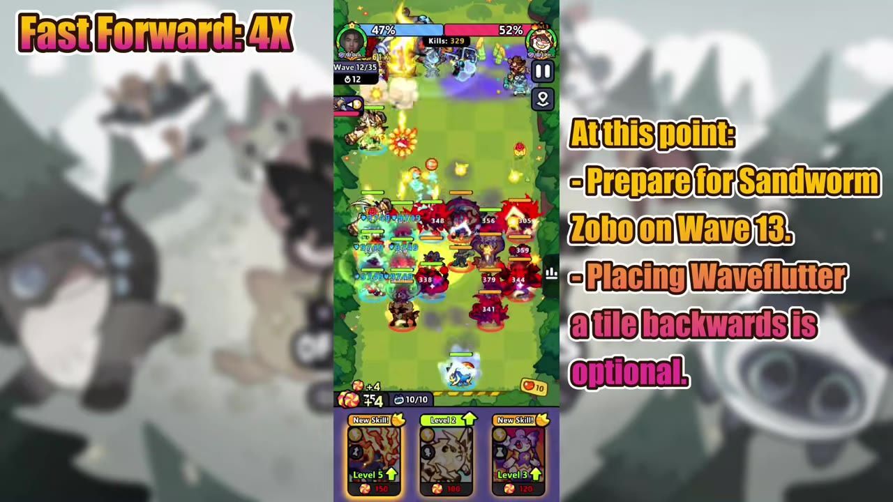 A vertical game battlefield shows a clustered team formation with units spread across the grid and battle effects on screen.