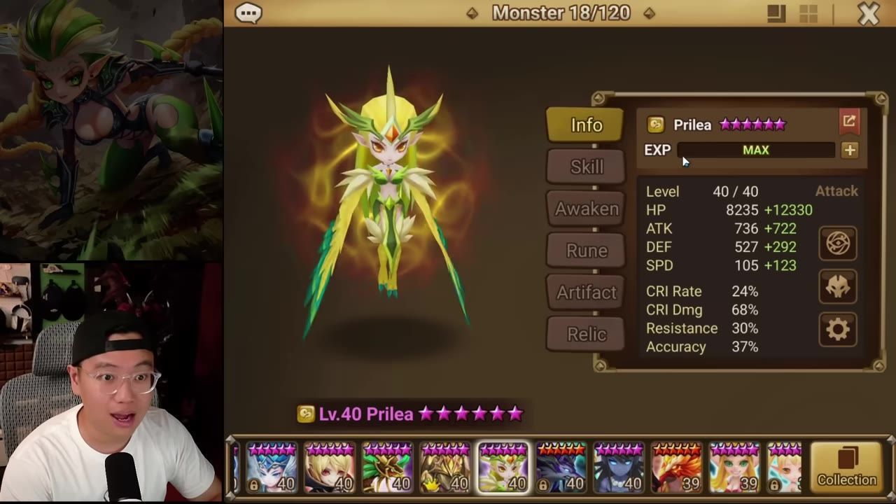 The game shows Prilea’s monster info screen with her character model in the center and her stats panel on the right.