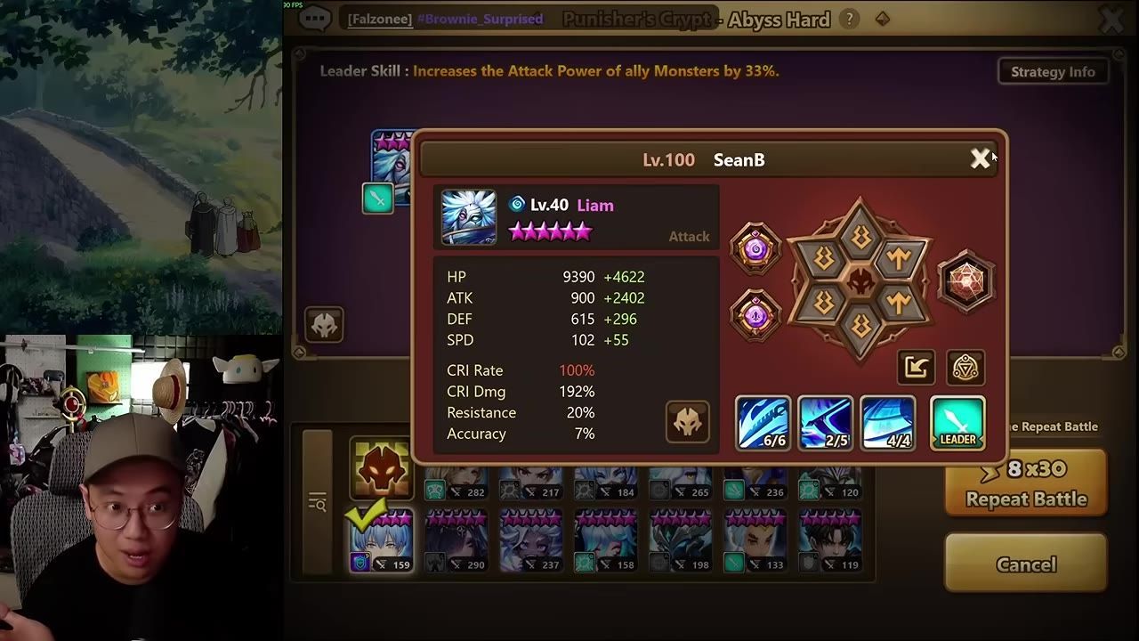 A game team setup screen for Punisher's Crypt Abyss Hard is open with a monster stat and rune window centered over the party lineup.