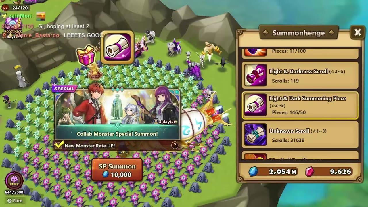 A game summon screen is open over a grassy island, showing a special summon banner, summon buttons, and a scroll inventory panel on the right.