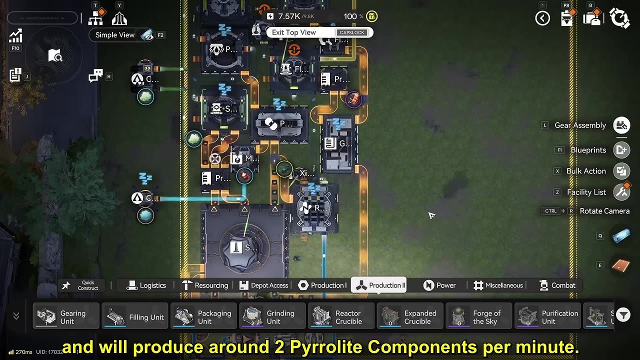 Top-down view of a factory layout with several connected production buildings, conveyors or pipes, and a production menu along the bottom.