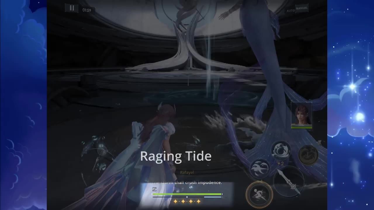 A character stands in a dark arena with the text Raging Tide centered on screen and combat controls visible on the right.