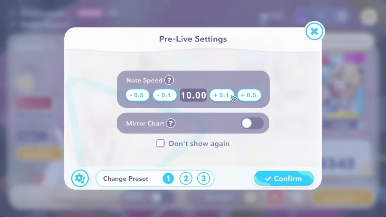 A pre-live settings popup shows the Note Speed option with buttons to decrease or increase the value and a current setting of 10.00.