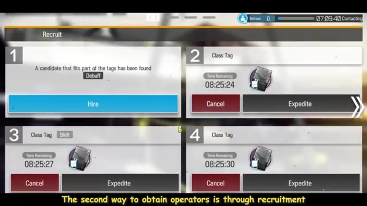 A game recruitment screen shows multiple recruitment slots with tags, timers, and Hire, Cancel, and Expedite buttons.