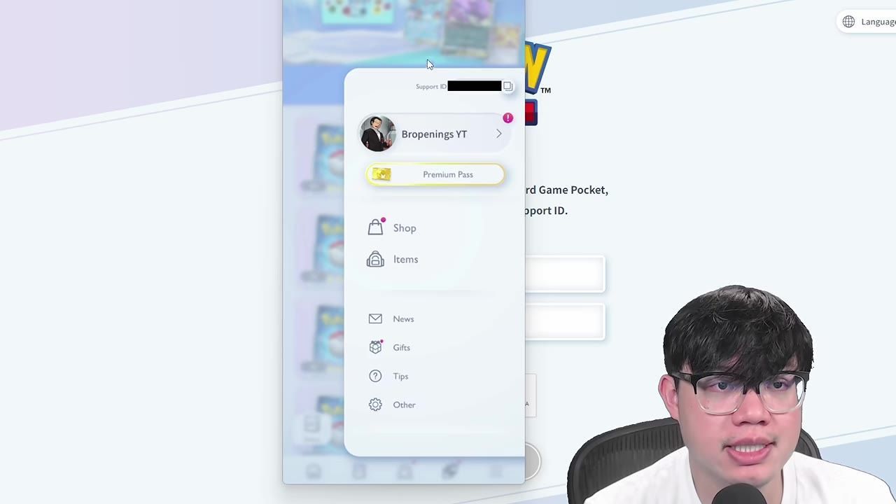 A game menu panel is open with a Support ID field at the top right and options like Shop, Items, News, Gifts, Tips, and Other listed below.