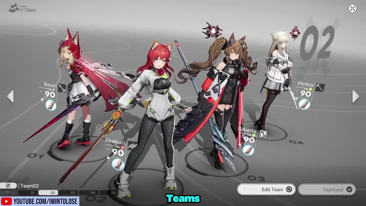 A team selection screen shows four anime-style teammates standing in a lineup, with Rossi labeled on the left and other teammates labeled Akekuri, Gilberta, and Perlica.