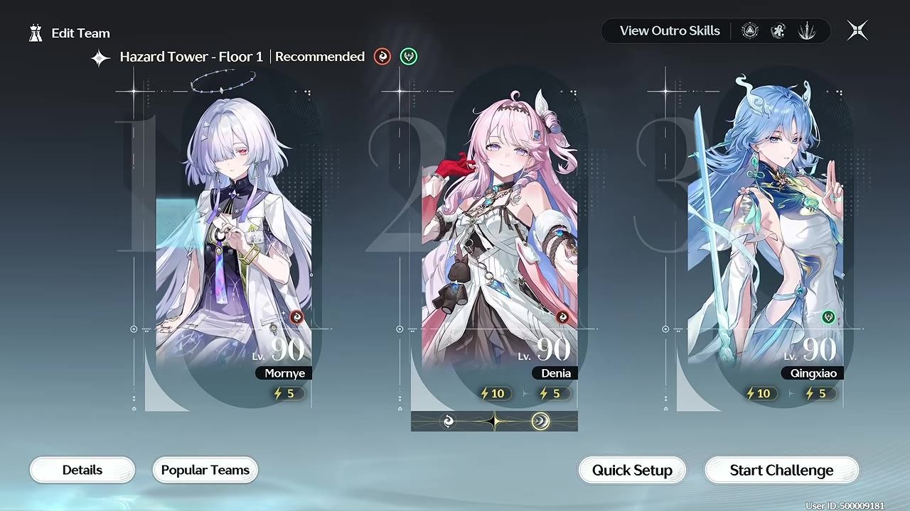 A team setup screen shows three character portraits arranged left to right, with Morne, Denia, and Qingxiao labeled beneath them.