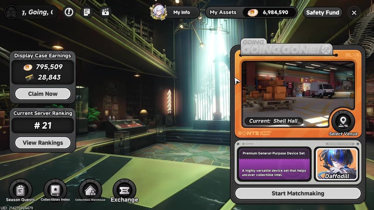 A game lobby screen shows a right-side panel with a venue preview on top, a device set card below, and a selected assistant portrait next to it.