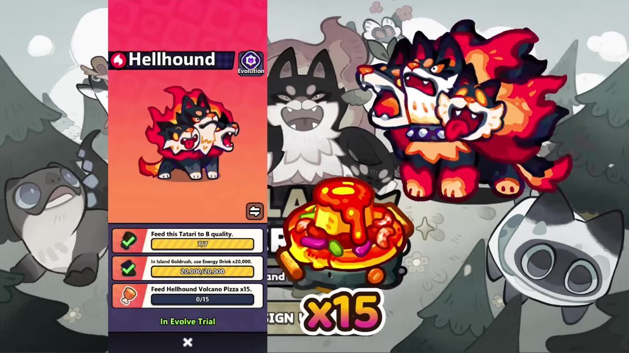 A game evolution requirements panel for Hellhound is open with checklist items and food icons, including Volcano Pizza x15.