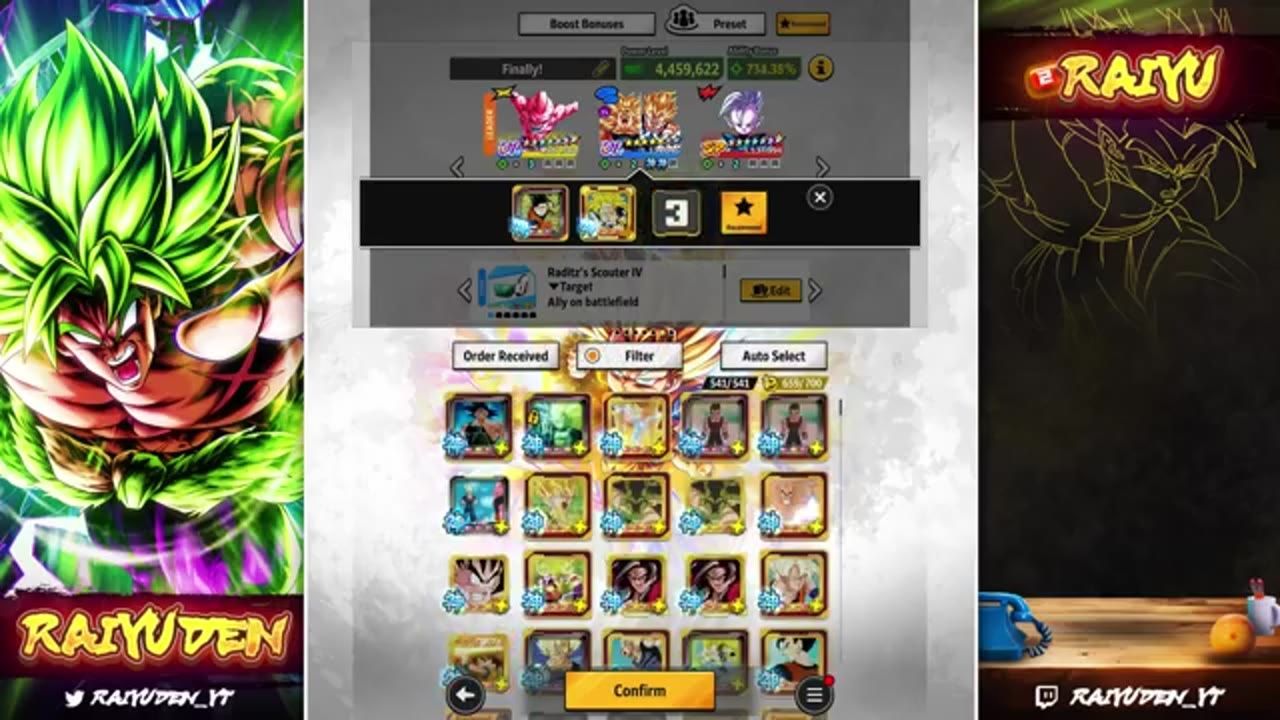 A team setup screen shows character cards and equipment slots with a confirm button at the bottom.