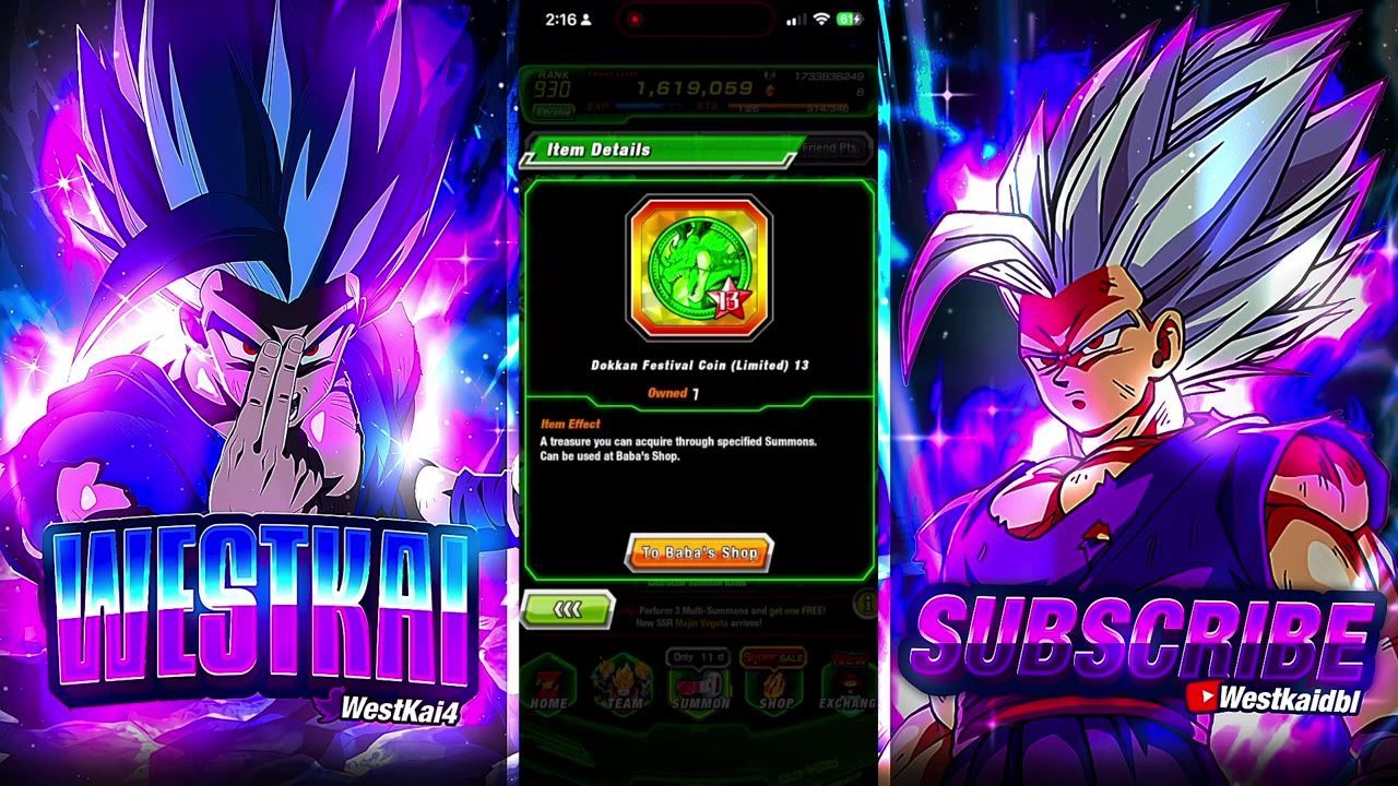 A mobile game item details screen shows a Dokkan Festival Coin with a green coin icon and a button to go to Baba's Shop.