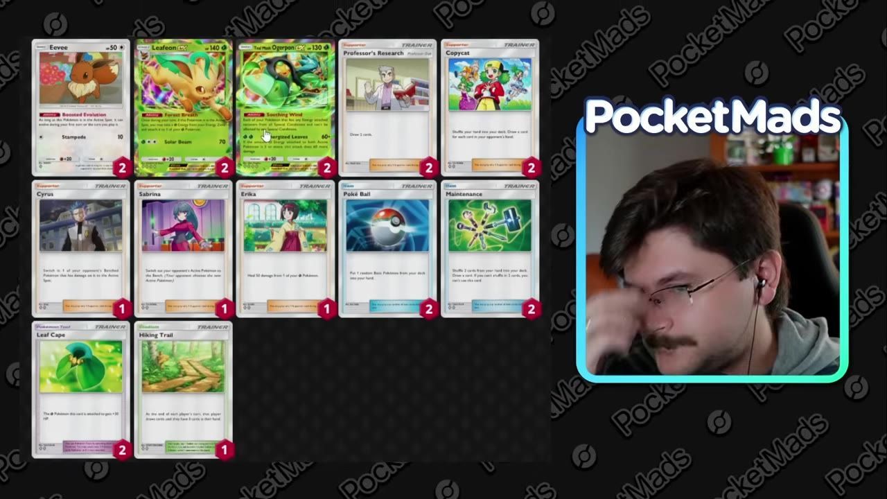 A Pokémon deck list is shown with Eevee, Leafeon ex, Teal Mask Ogerpon, and Trainer cards, alongside a facecam of a person on the right.