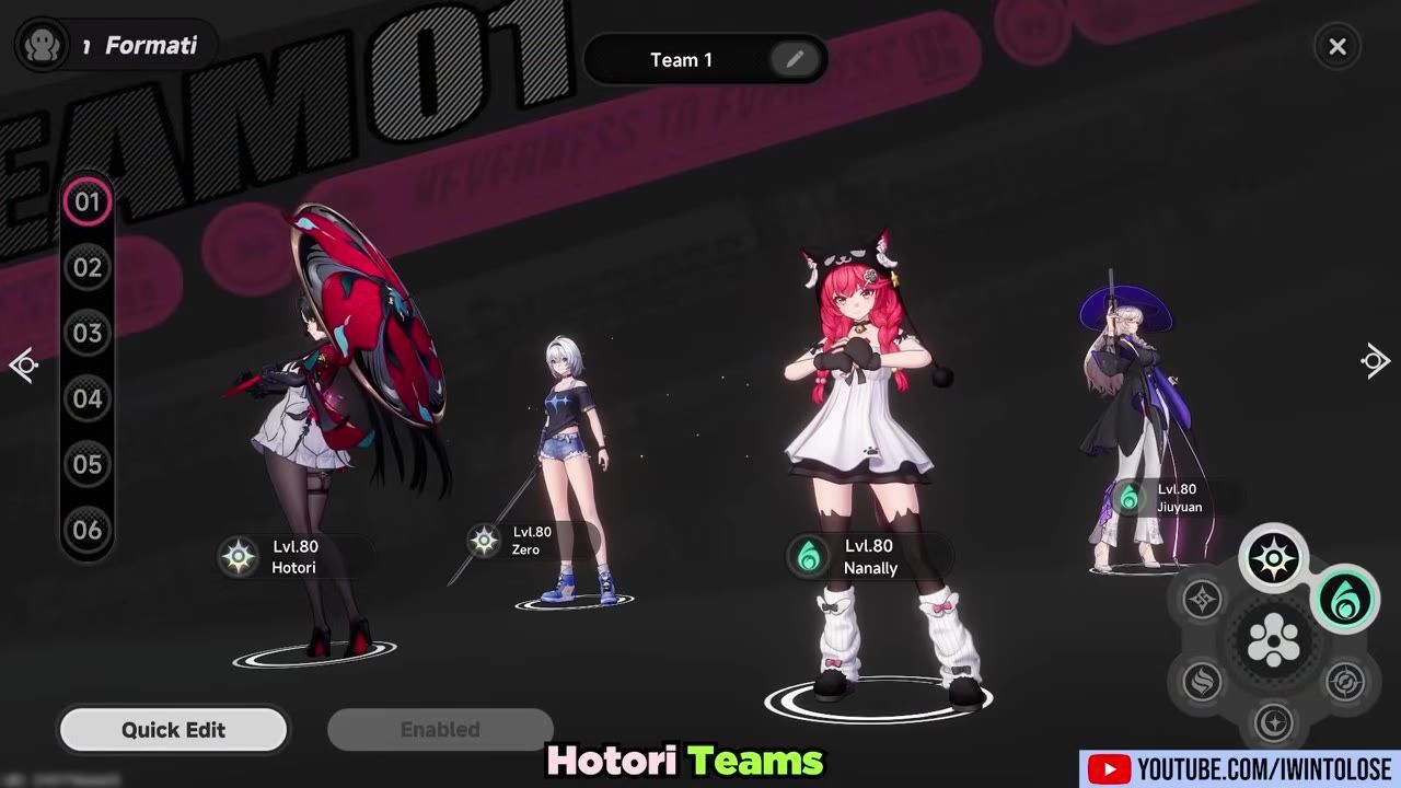 A team formation screen shows Hotori with three teammates on a dark background, with team slots on the left and edit controls at the bottom.