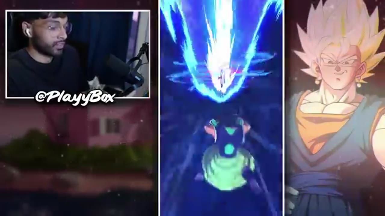 A gameplay montage frame shows an opponent getting hit by a blue energy attack in the center panel, with a streamer webcam on the left and Ultra Gogeta Blue artwork on the right.