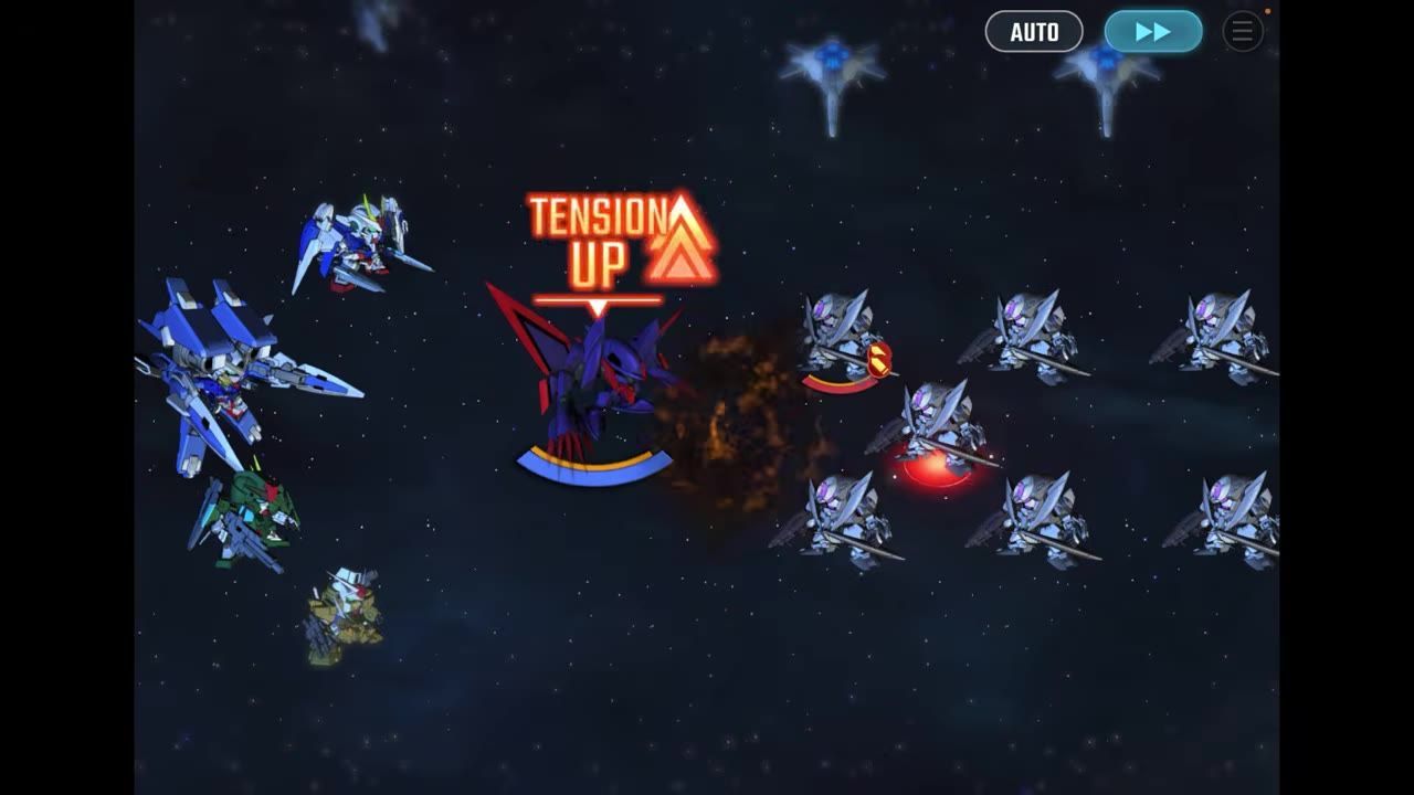 A space battle map shows several mechs facing enemy units, with a bright attack effect and the text TENSION UP in the center.
