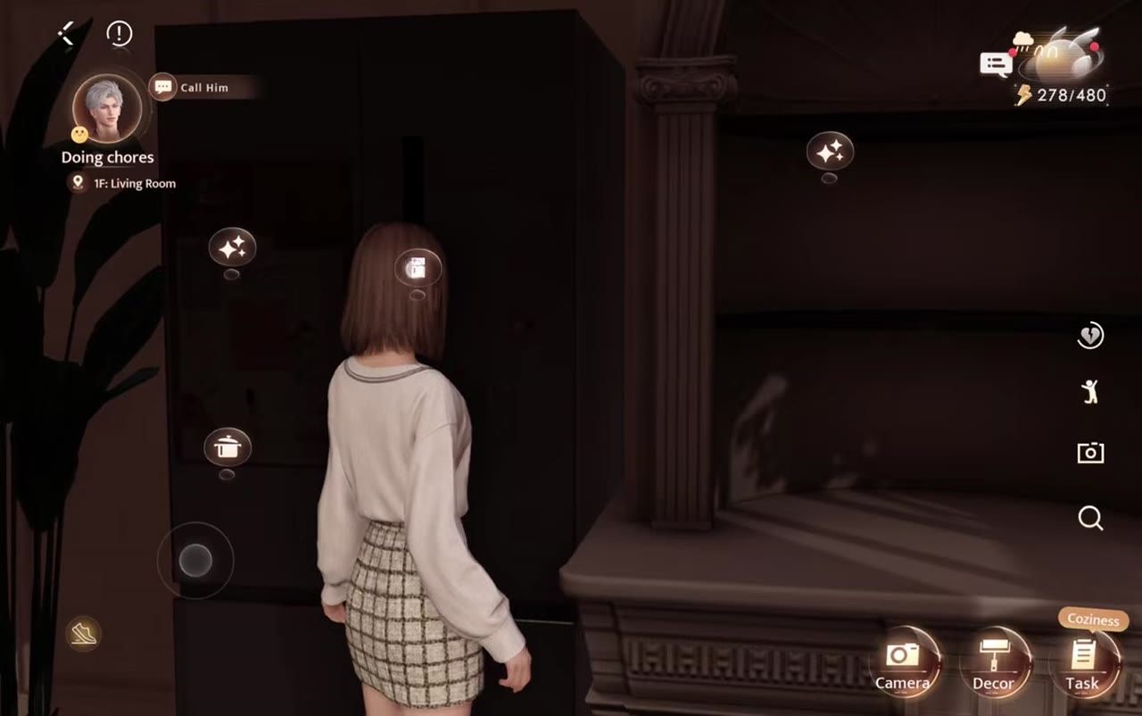 A character stands in front of a dark fridge with several interaction icons floating beside it in a room interior.