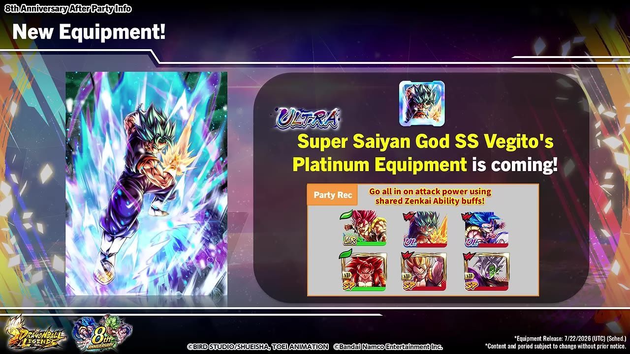 A game announcement screen shows Ultra Super Saiyan God SS Vegito and a notice for his platinum equipment coming soon.