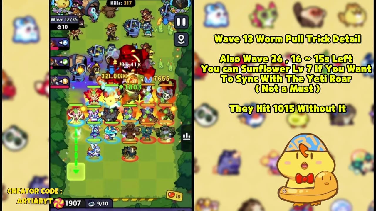 A mobile game battlefield shows a crowded formation of units with a green dashed arrow pointing down to a highlighted tile on the left, while instructional text about a worm pull trick appears on the right.