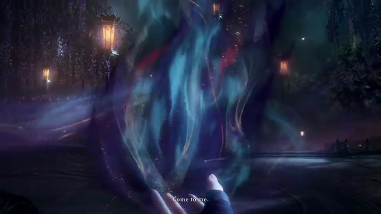A dark fantasy scene shows swirling blue and purple energy in the center with lanterns glowing in the background and hands reaching toward it.