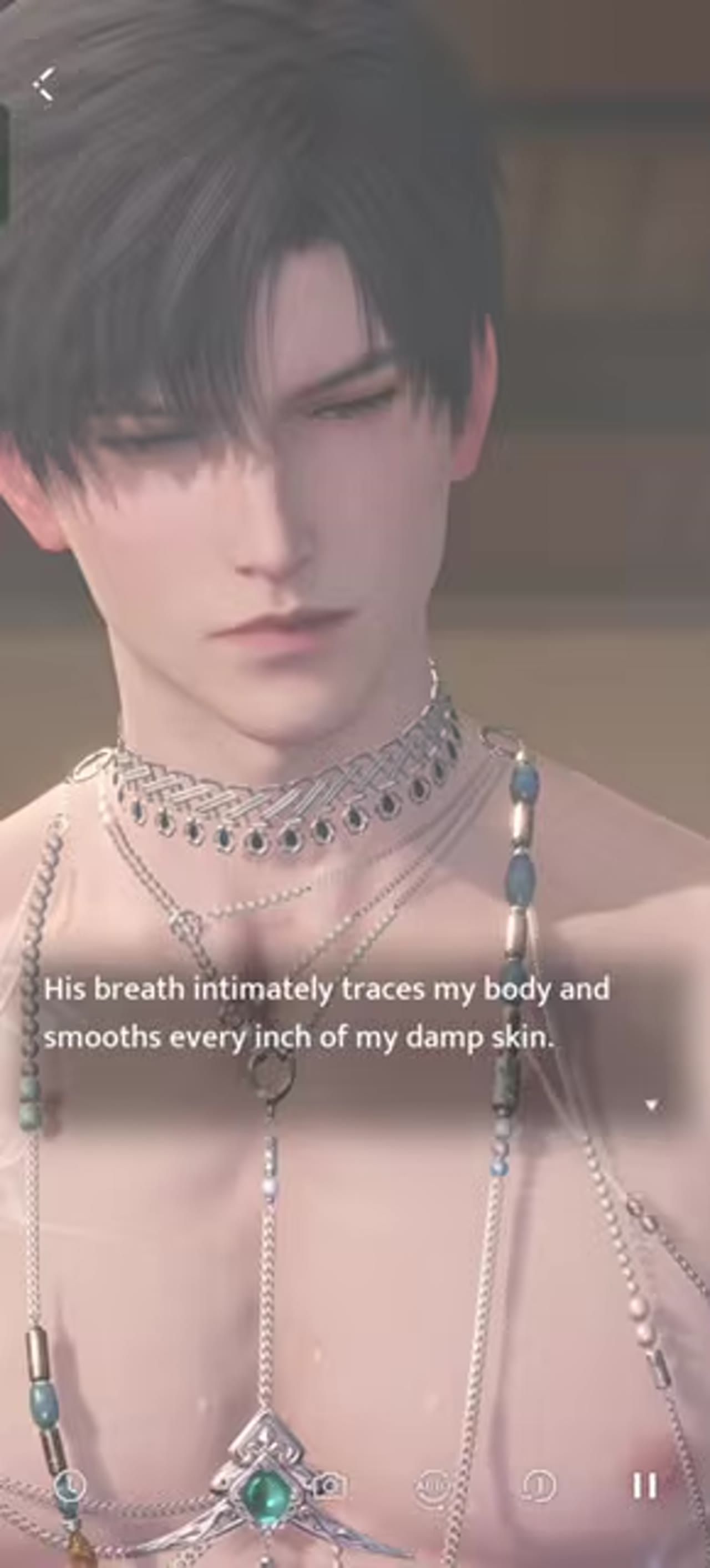 A close-up of a dark-haired character wearing ornate jewelry with a dialogue subtitle over the lower center of the screen.