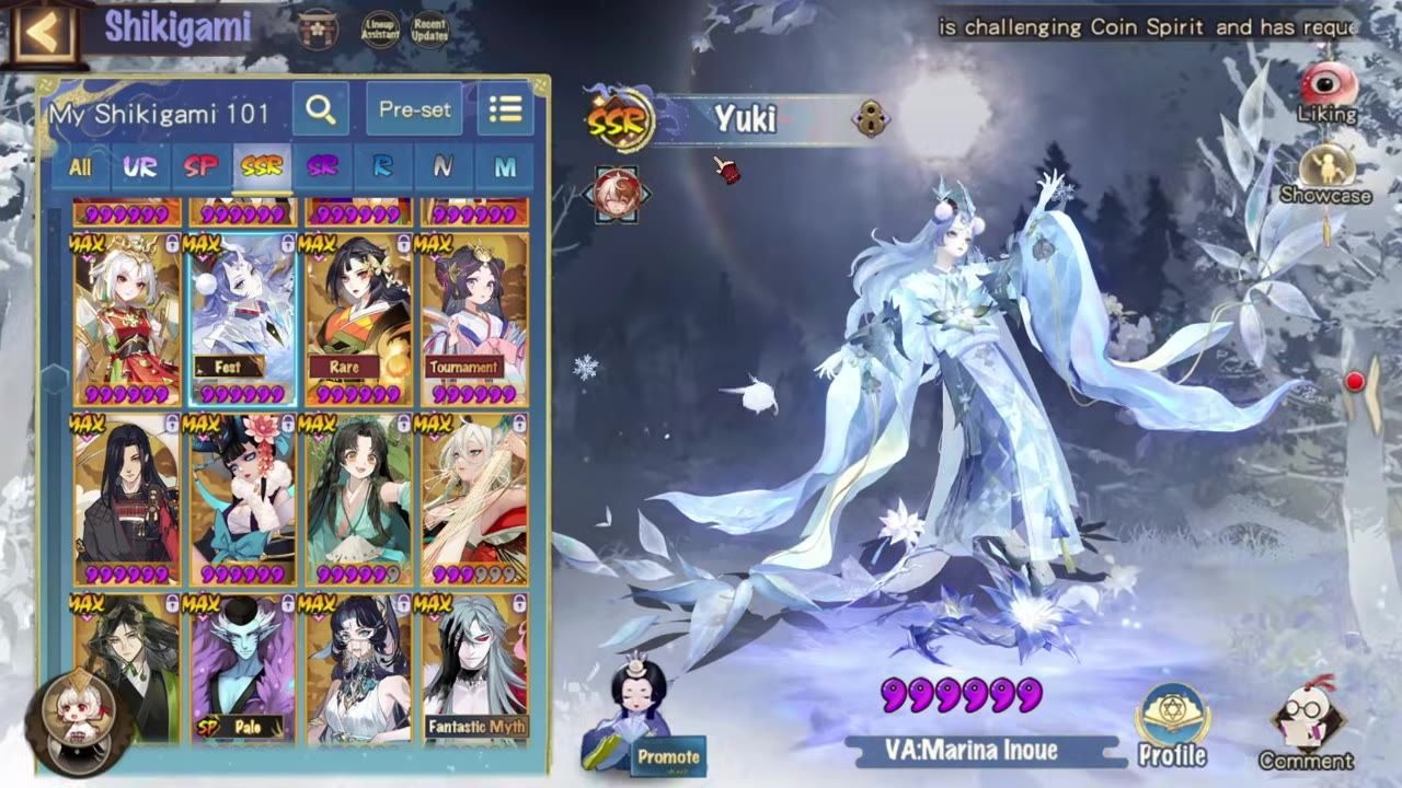 The Shikigami menu is open with Yuki selected and displayed in a snowy character preview on the right, while a grid of other characters fills the left side.