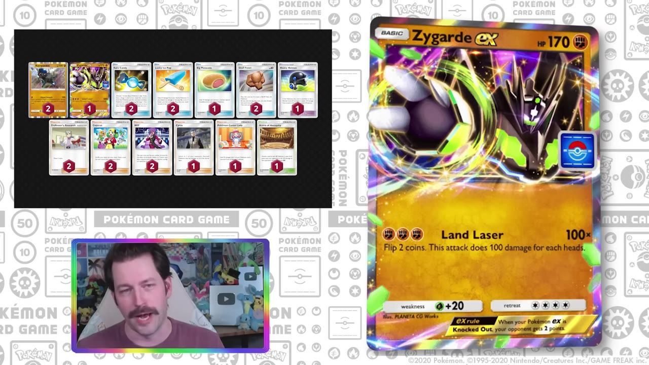A Pokémon deck list appears in a black panel with Rampardos, Rare Candy, Lucky Ice Pop, Big Malasada, and healing-related Trainer cards, while a large Zygarde EX card is shown on the right.
