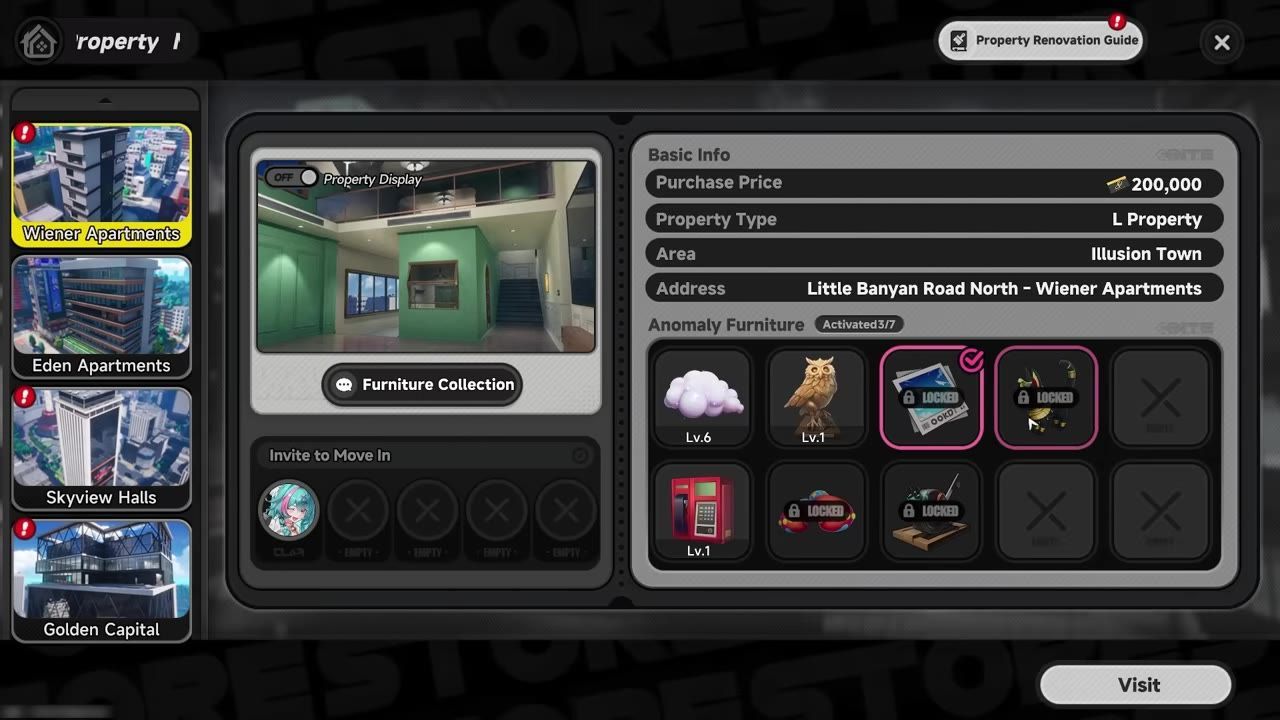 A property renovation menu shows the Anomaly Furniture grid for an apartment, with several furniture icons and some locked items highlighted.