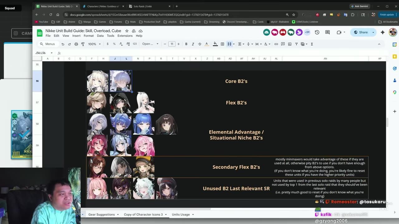 A Google Sheets guide page shows a black section labeled with Burst 2 unit categories and rows of character portraits, with one top portrait highlighted by a blue selection box.