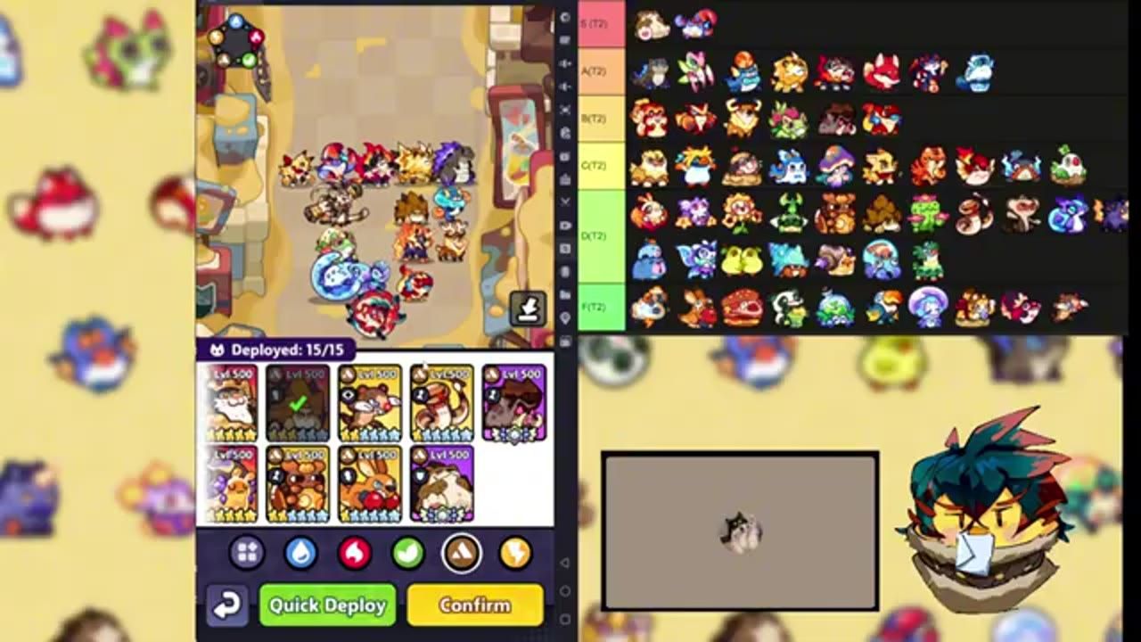 A game screen shows a tier list of units on the right, a deployed team and quick deploy buttons on the left, and a large character illustration in the lower right.