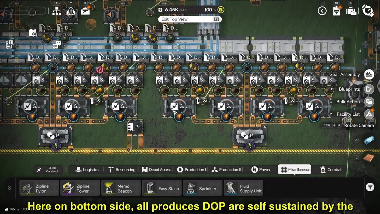 Game interface showing depot operations and item flows with dense origin powder behavior.