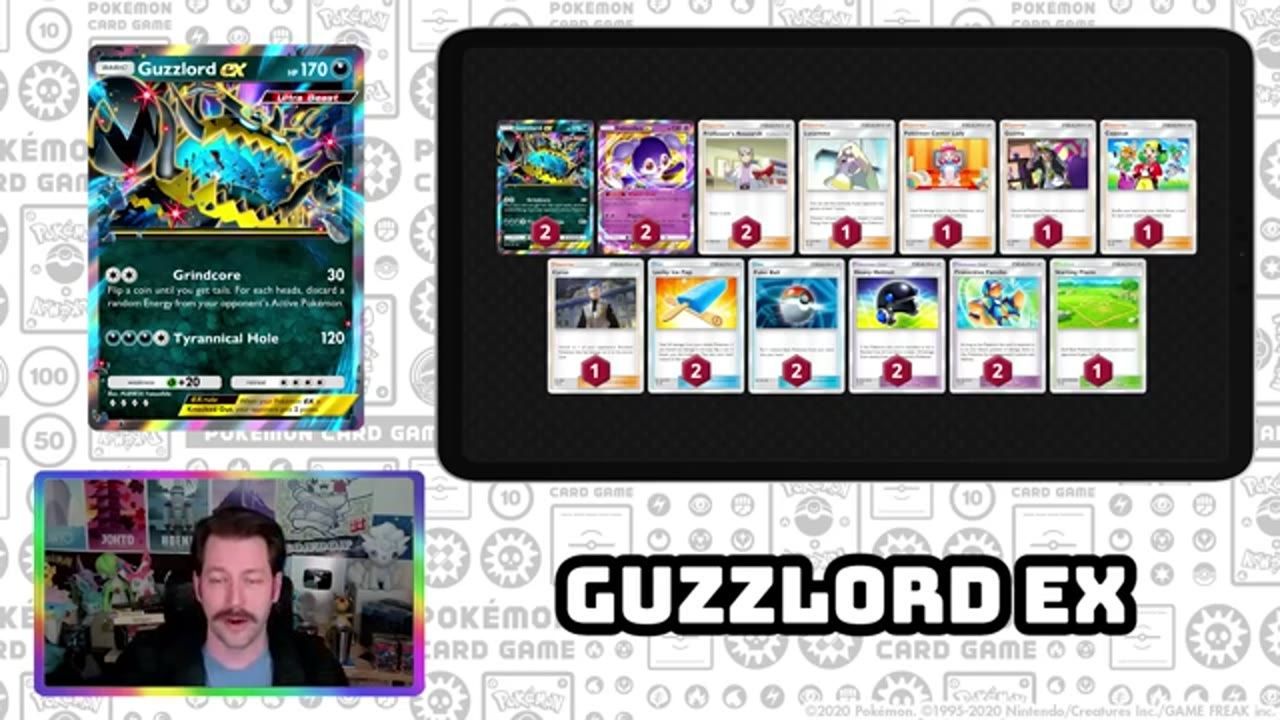 A Pokémon TCG deck presentation shows a large Guzzlord ex card on the left and a deck list with card images and counts on a dark board to the right.