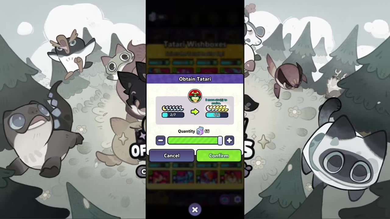 A game dialog titled Obtain Tatari is open over the Tatari Wishboxes screen, showing a quantity slider, cancel and confirm buttons, and evolution requirement icons.