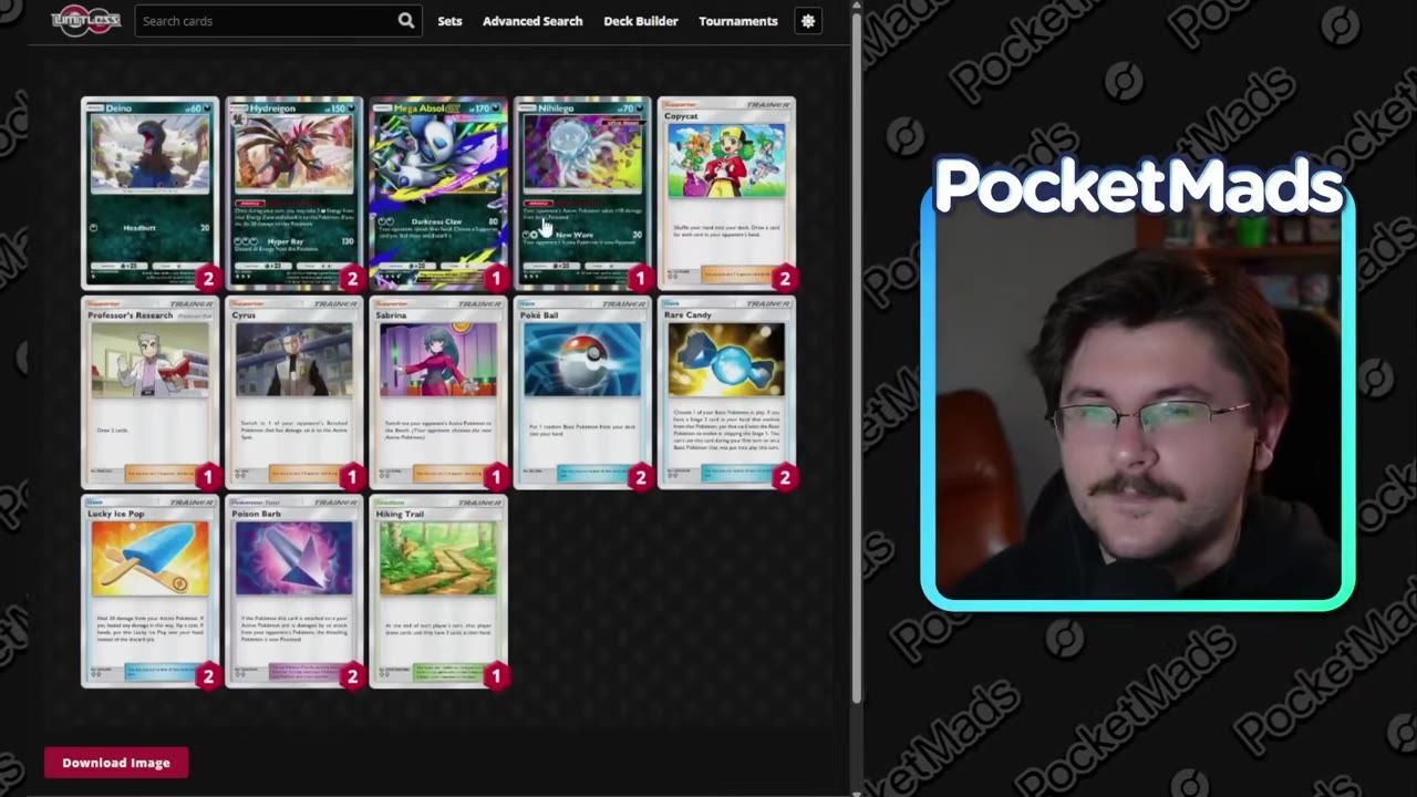 A Pokémon TCG deck list is displayed with Hydreigon among the cards, alongside a webcam-style face cam on the right.