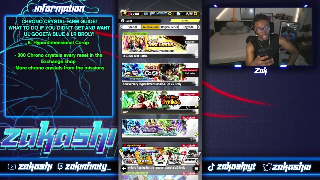 A game events menu is open with an entry for Anniversary Hyperdimensional Co-Op VS Broly and a High Difficulty label near the bottom.