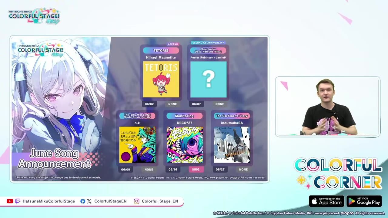 A Colorful Stage announcement slide lists June songs, with album art tiles and dates, alongside a presenter in a small inset on the right.