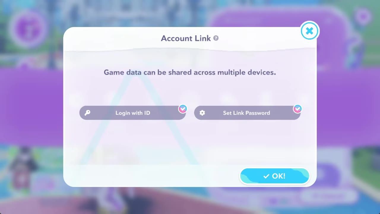 An Account Link dialog is open with completed checkmarks next to Login with ID and Set Link Password, and an OK button at the bottom.
