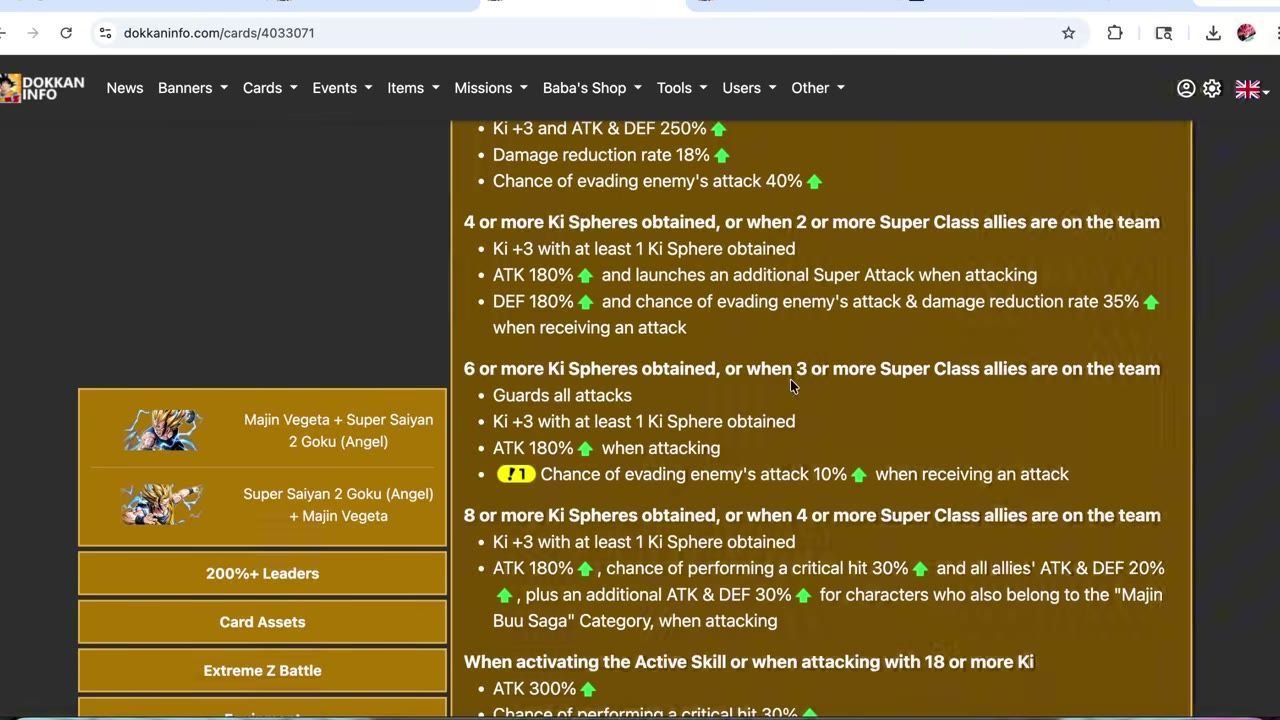 A Dokkan Info card page shows a passive ability text box with conditions for Ki spheres and Super Class allies, alongside a sidebar of related links.