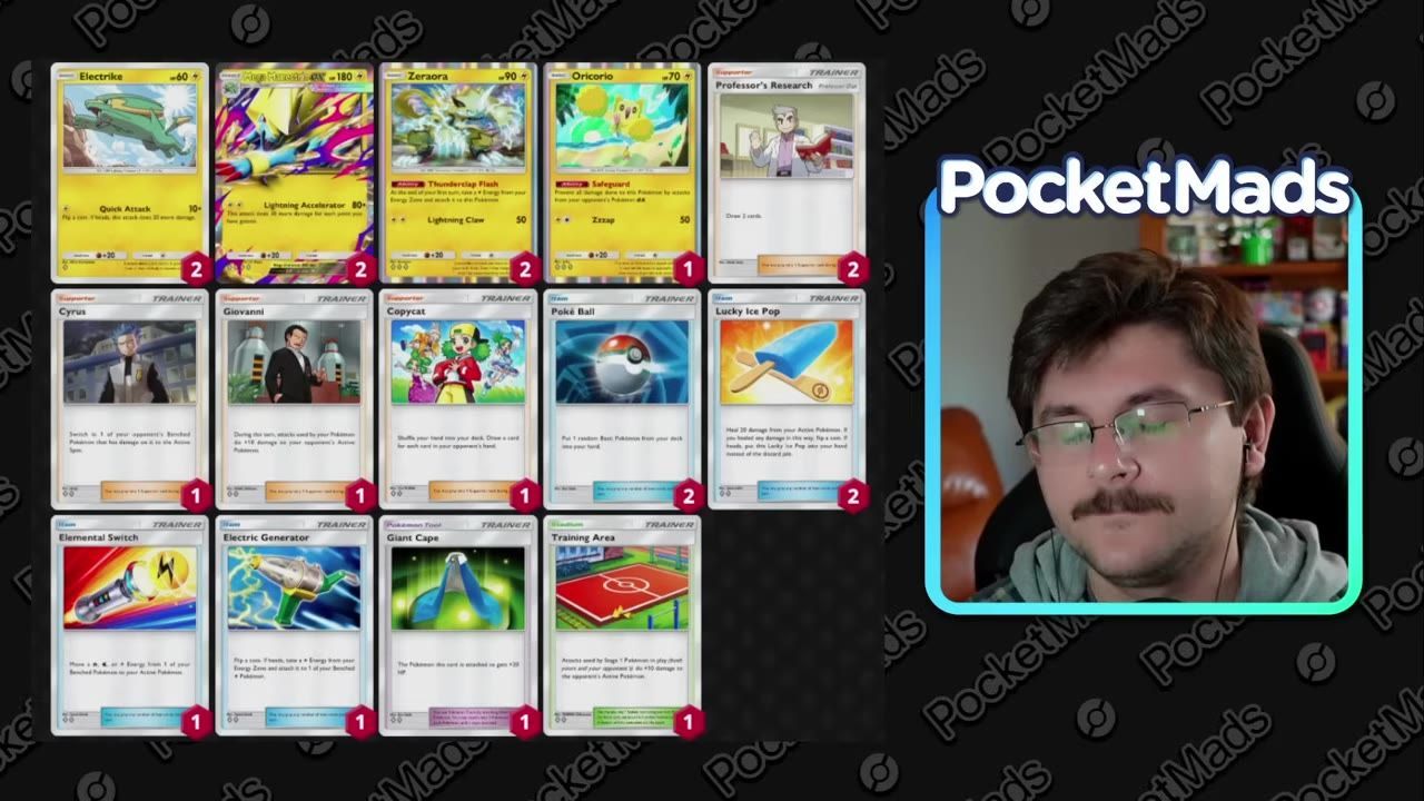 A Pokémon deck list is shown with Mega Manectric and several Trainer cards, while a presenter appears in a webcam frame on the right.