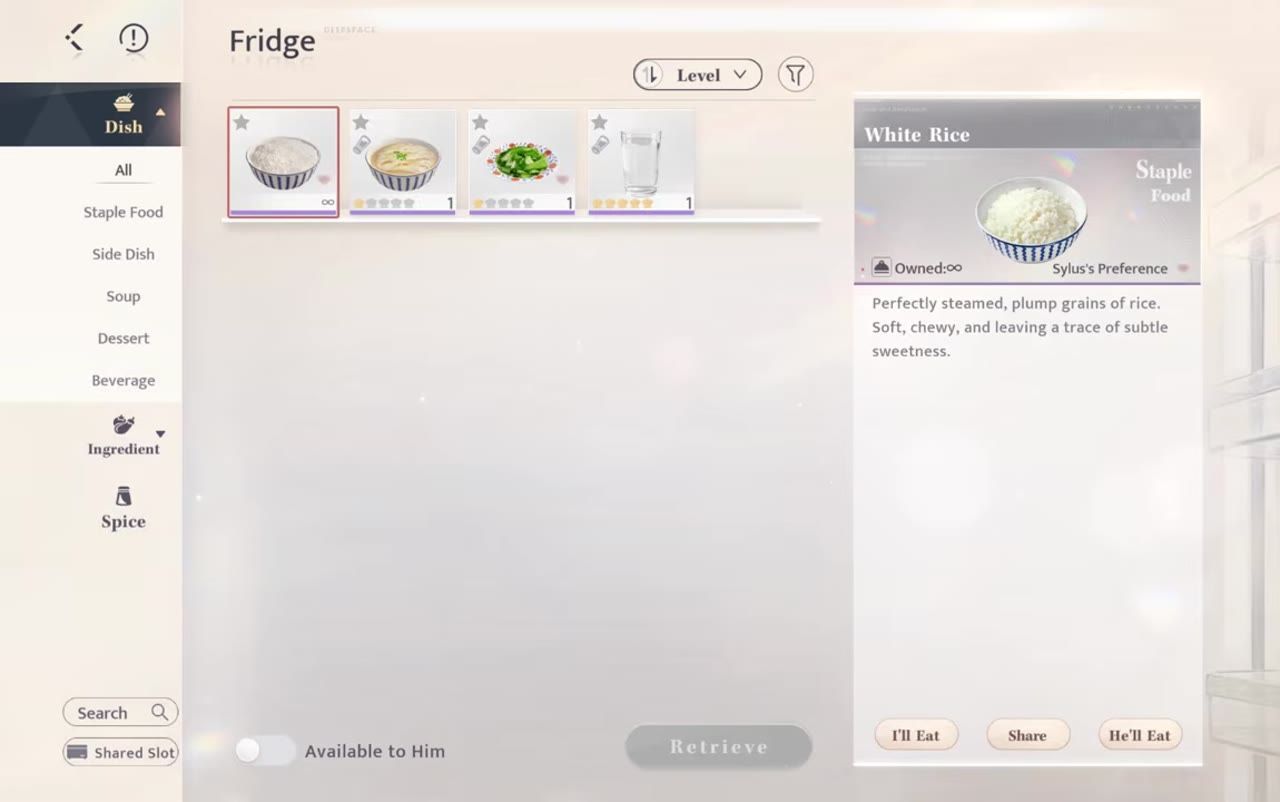 Fridge menu showing contents and options.
