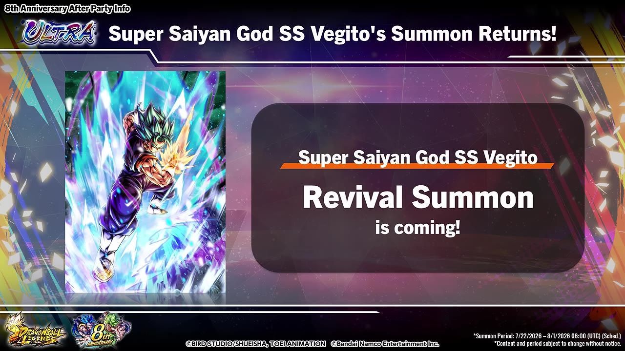An announcement slide shows Super Saiyan God SS Vegito on the left and a large panel reading Revival Summon is coming.