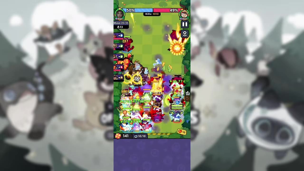 A vertical mobile game battlefield is crowded with units fighting near a bright volcanic explosion on the right side.