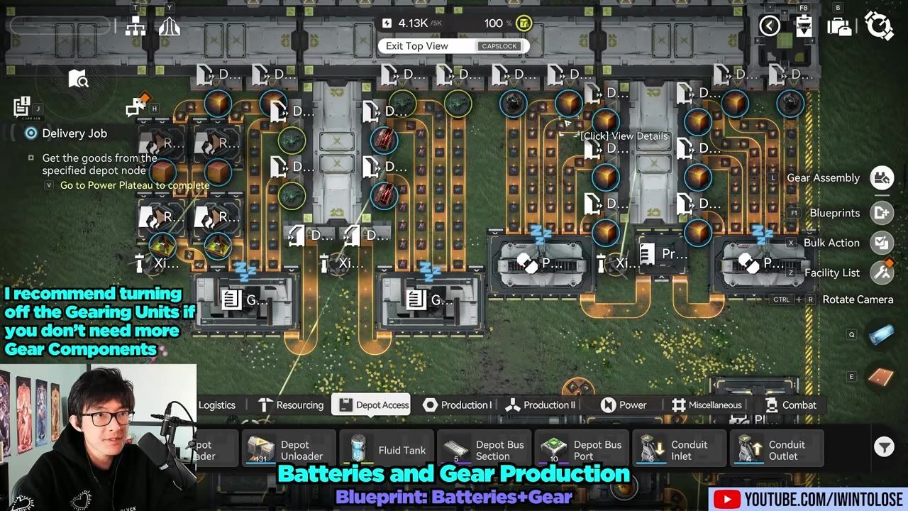 An overhead view of a factory layout with several parallel production belts and machine rows, along with game UI panels and a webcam overlay in the lower left.