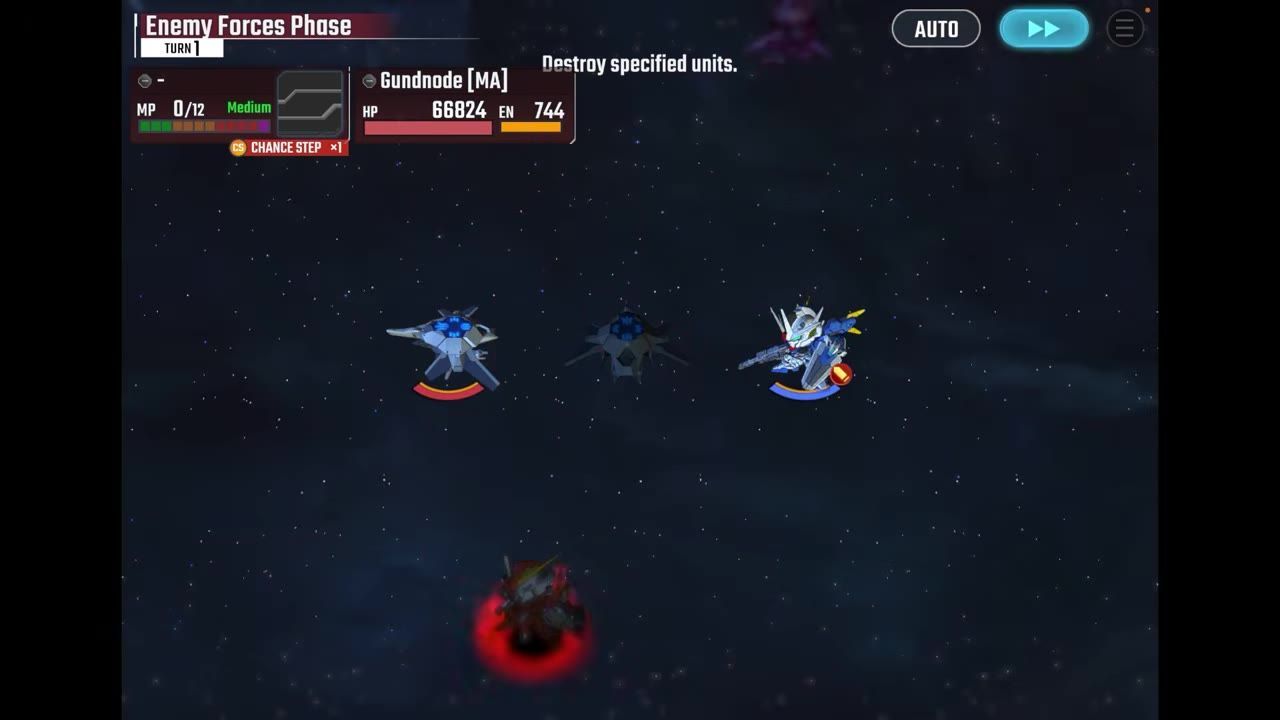 A space battle screen shows enemy forces phase turn 1 with three mecha units and a mission prompt to destroy specified units.
