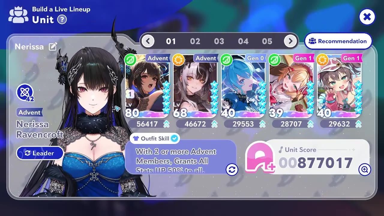 A game lineup screen shows five character cards arranged left to right with a selected leader unit on the left and lineup controls across the top.