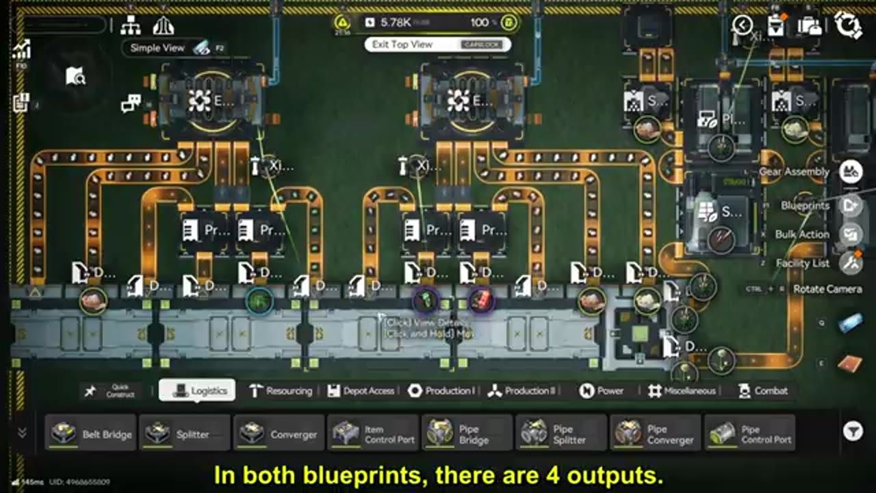 A factory-building interface shows two blueprint layouts with orange conveyor paths and multiple output points, with a build menu open along the bottom.