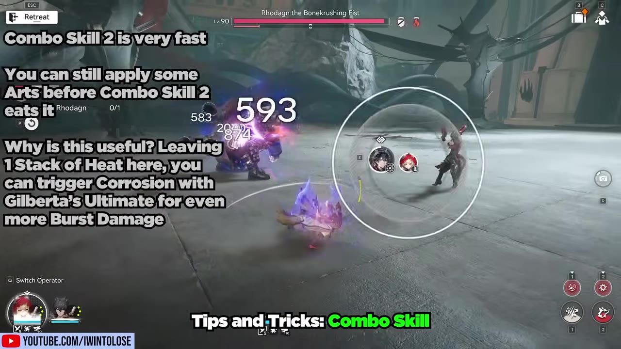 A combat scene shows several characters and damage numbers while large overlay text explains combo skill timing and applying arts before Combo Skill 2.